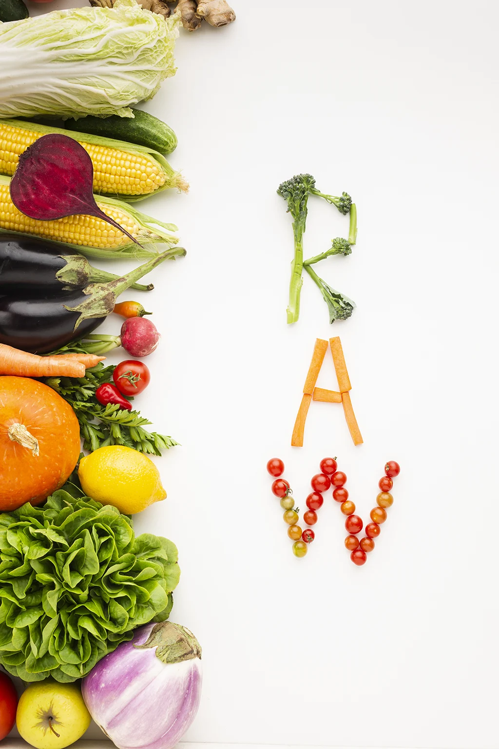 Vegetables spelling the word raw